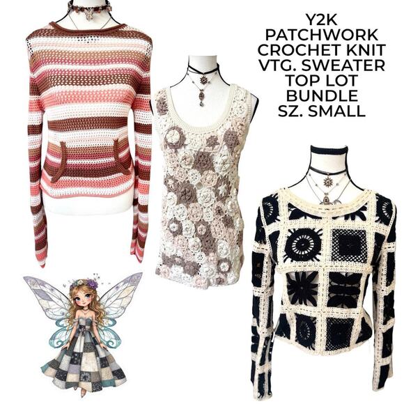 3 PC. VINTAGE CROCHET‎ KNIT SWEATERS Y2K BUNDLE SMALL - Picture 1 of 5